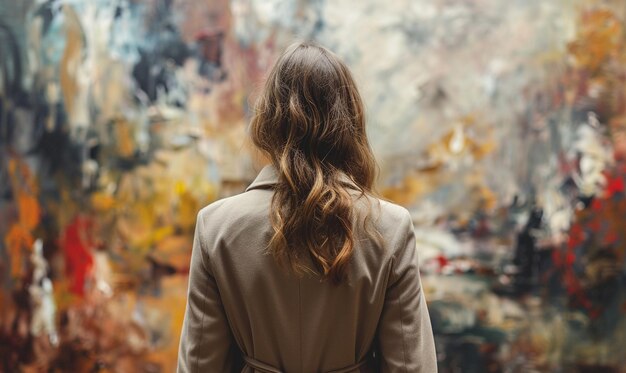 Foto la espalda de una mujer que busca una obra de arte de pintura abstracta en un museo