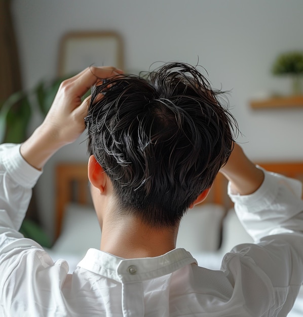 Foto de espaldas disparado joven asiático apuesto con camisa blanca está arreglando su cabello negro grueso y bonito para salir