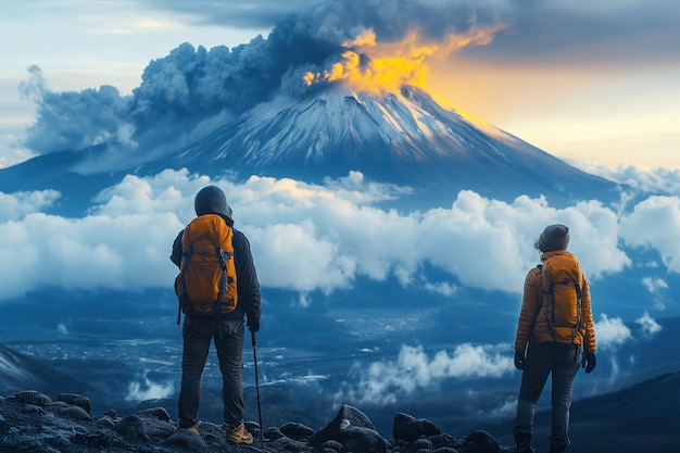 Las espaldas de una pareja de turistas viajeros mirando fumar activo volcán en erupción en las montañas