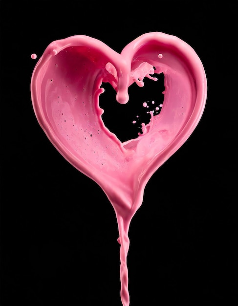 Foto espalha creme de suco rosa em forma de forma de coração isolado em fundo preto dia de são valentim