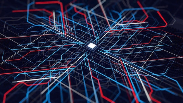 Espalhando impulsos eletrônicos coloridos, animação, circuito eletrônico abstrato para distribuição de