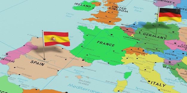 España y Alemania fijan banderas en el mapa político ilustración 3D