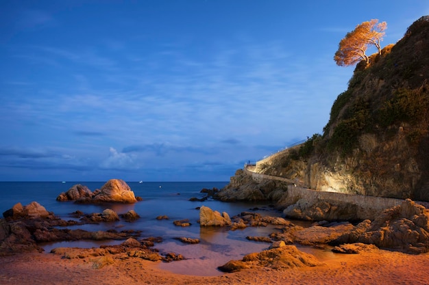 españa, cataluña, lloret de mar, costa brava, orilla del mar, con, acantilado, en, crepúsculo