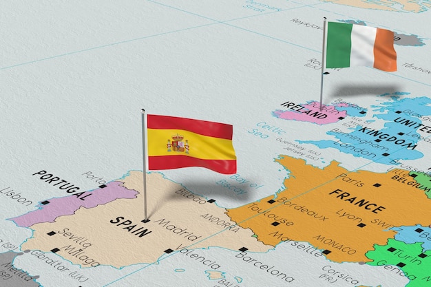 España e Irlanda fijan banderas en el mapa político ilustración 3D