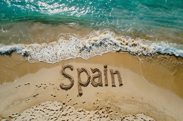 España escrita en la arena en una playa Fondo de turismo y vacaciones españolas