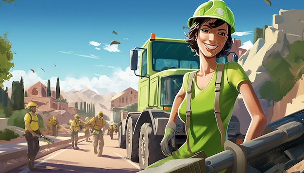 España mujer haciendo obras viales contratista sonriendo construcción de carreteras vehículos de construcción