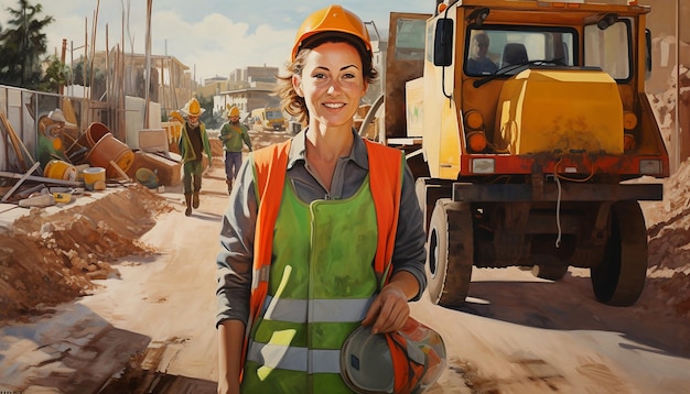 España mujer haciendo obras viales contratista sonriendo construcción de carreteras vehículos de construcción