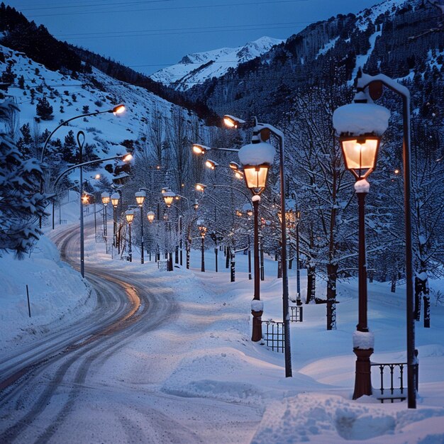 España Provincia de Lleida BaqueiraBeret Luces callejeras que iluminan la carretera cubierta de nieve que conduce