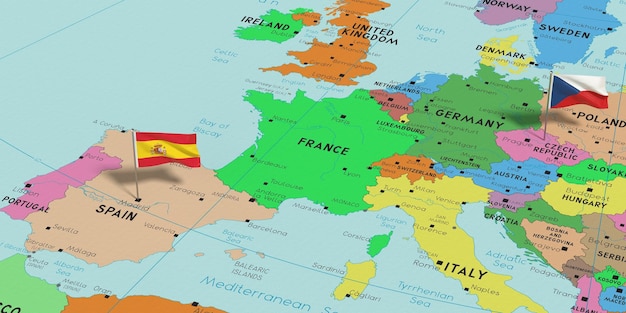 España y la República Checa fijan banderas en el mapa político ilustración 3D