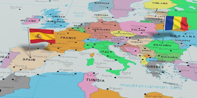 España y Rumania fijan banderas en el mapa político ilustración 3D