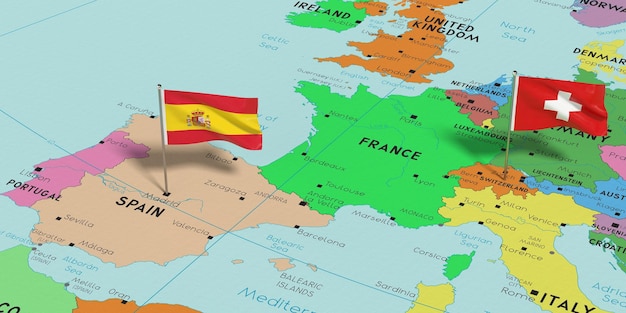 España y Suiza fijan banderas en el mapa político ilustración 3D