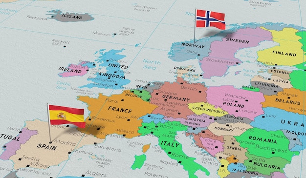 Espanha e Noruega fixam bandeiras na ilustração 3D do mapa político