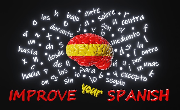 Foto español aprendizaje idioma extranjero mejora cerebro humano color de la bandera de españa letras artículos palabra preposición vocabulario gramática representación 3d estudiar educación de cursos en línea escuchar lectura fluidez