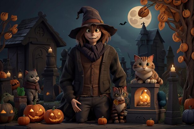 espantalho com o gato e a tumba em scane halloween