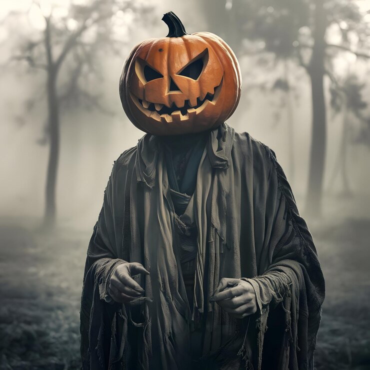 un espantapájaros con una calabaza en la cabeza y un fondo de niebla