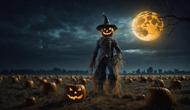 Espantapájaros de calabaza de Halloween en un amplio campo con la luna