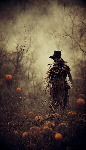 Un espantapájaros en un campo de calabazas