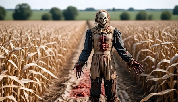 un espantapájaros en un campo de maíz con sangre salpicada en la cara