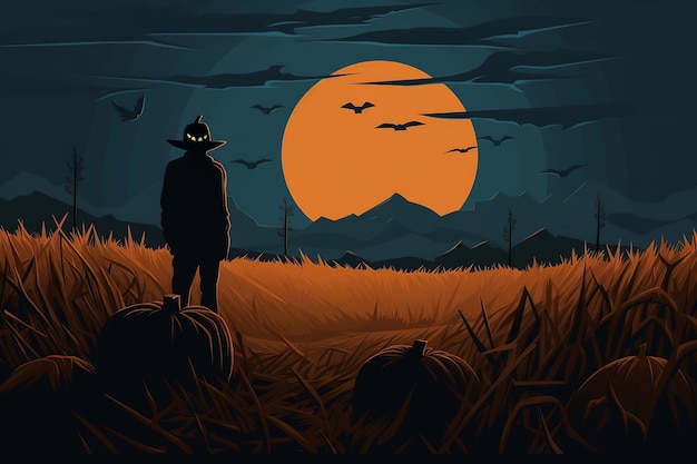 Espantapájaros de la cosecha nocturna en la ilustración plana minimalista de Pumpkin Patch