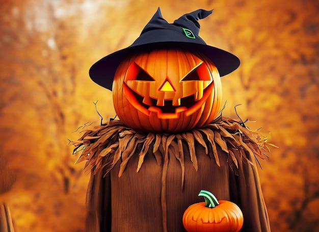 El espantapájaros de Halloween con la cabeza de calabaza en la cueva fondo de otoño renderización 3D