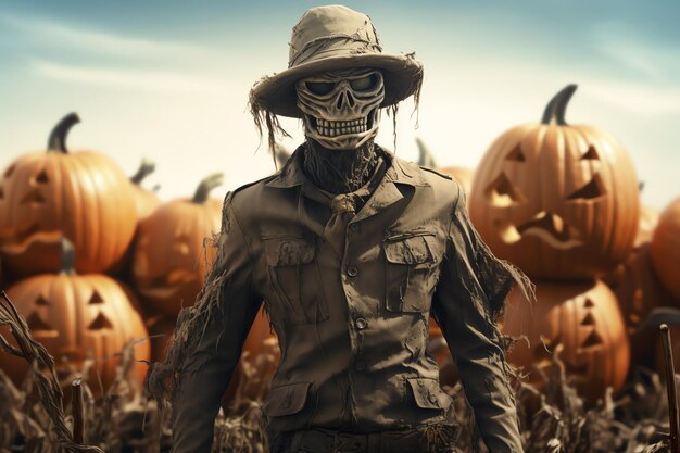 Foto un espantapájaros de pie de guardia en un parche de calabaza de halloween de fondo