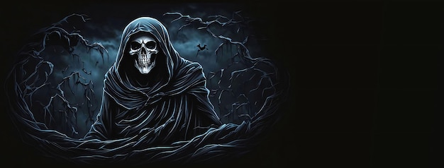 La espantosa muerte embrujada sobre un fondo oscuro y brumoso con un espacio de copia de papel tapiz vívido de Halloween