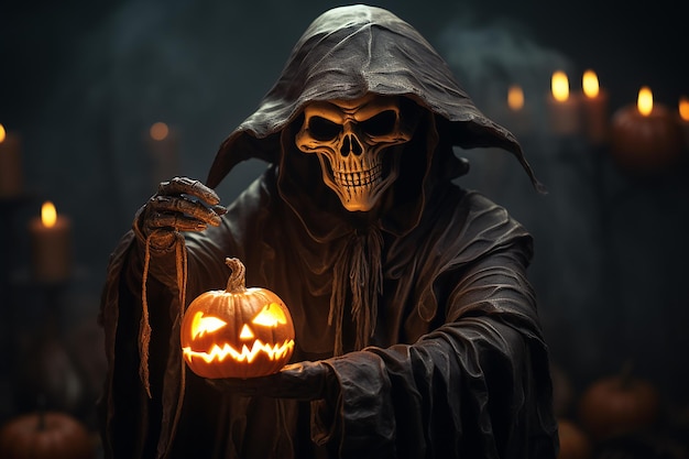 Espantoso Esqueleto Espírito de Halloween com Chapéu de Feiticeira e Lâmpada de Abóbora