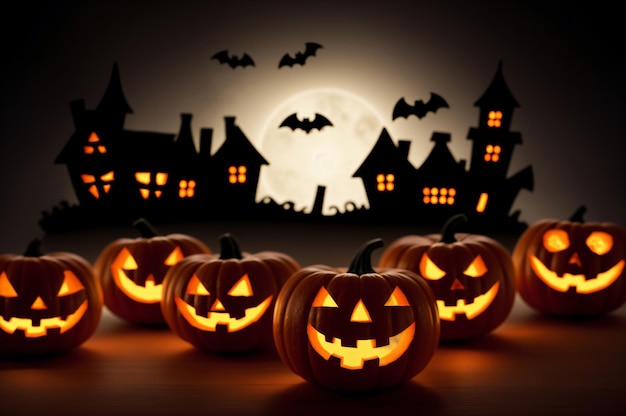 Espantosos morcegos de abóbora esculpidos de Halloween e casa amaldiçoada Papel de parede com Jack o lanterna