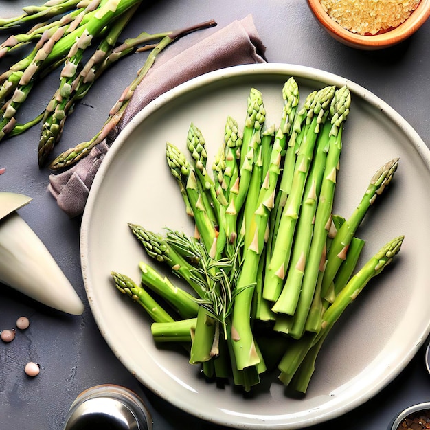 Espárragos verdes en un plato con ingredientes para cocinar vista de arriba