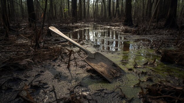 Espátula abandonada no pântano lamacento mesa escura fotografia forestpunk