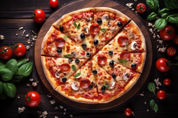 Espazo de fondo queso mediterráneo comida rápida italiana pizza negra copia comida de tomate IA generativa