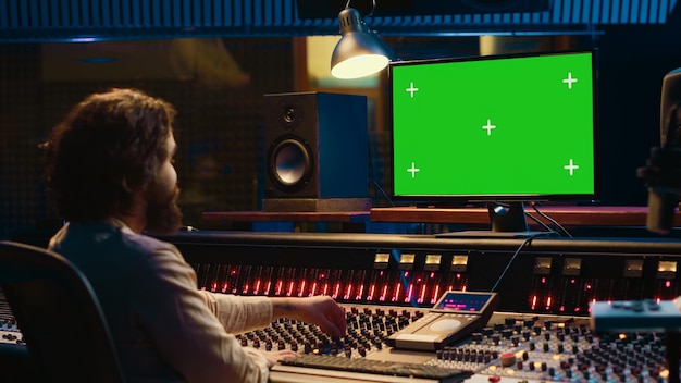 El especialista en audio utiliza la estación de trabajo de pantalla verde para ver tutoriales