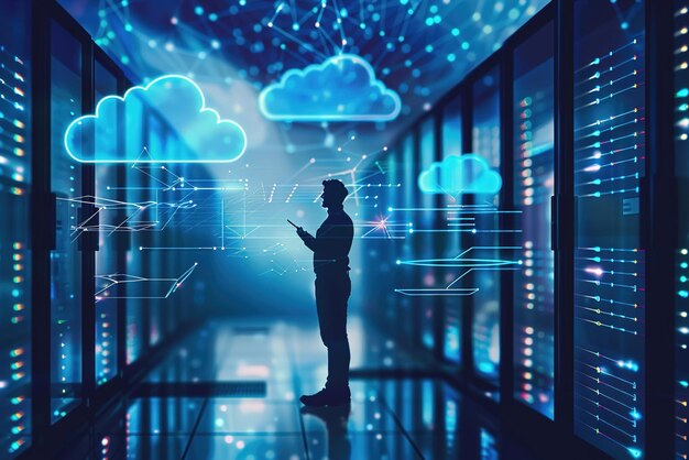 Foto el especialista en computación en nube configura los servidores en un centro de datos que gestiona la infraestructura virtual para operar