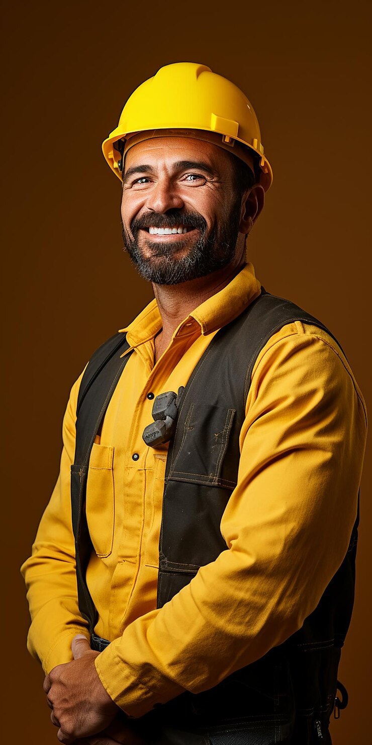 Foto especialista em alvenaria com fundo amarelo sólido