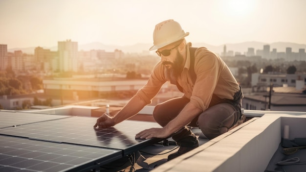 Especialista em energia solar instalando painéis de energia verde para uma vida sustentável capturado abertamente em um telhado Generative AI