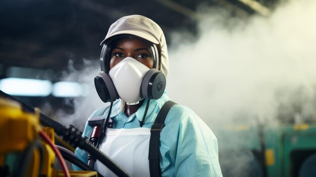 Especialista em fumigação concentra-se no pulverizador em ambiente de laboratório