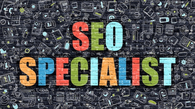 Especialista em SEO conceito multicolorido na parede de tijolos escuros com ilustração moderna de ícones Doodle no estilo Doodle Especialista em SEO Conceito de negócios Especialista em SEO na parede escura