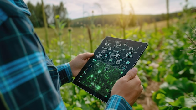 Foto especialista em tecnologia agrícola a usar tablet no campo