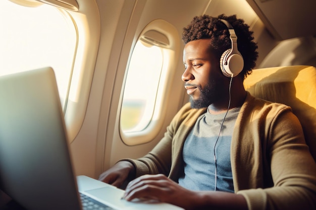 Especialista em TI afro-americano trabalhando em um computador em um avião durante uma viagem aérea