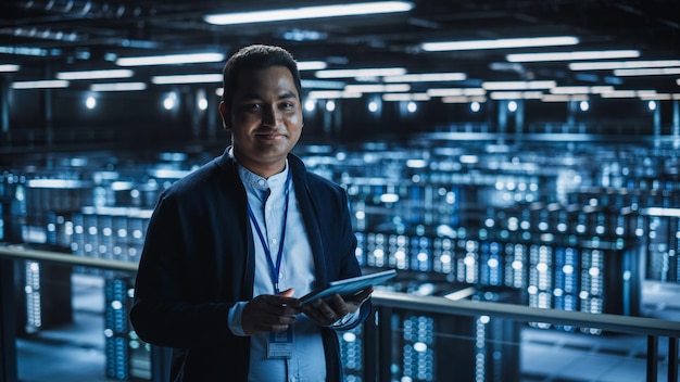 Especialista em TI bonito e sorridente usando tablet no centro de dados olhando para a câmera empresário de sucesso e empreendedor de e-business com vista para a Facilidade de Computação em Nuvem da Ferma de Servidores