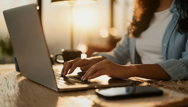 Especialista femenina absorta en la escritura en la computadora portátil en hogares acogedores ambiente de trabajo centrado en la sala de estar