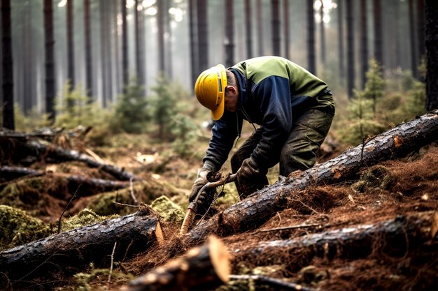 Especialista forestal masculino que corta el bosque viejo