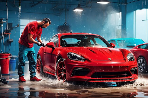 Especialista en lavado de automóviles usando lavador a presión para enjuagar un automóvil deportivo rojo moderno Hombre adulto lavando la suciedad