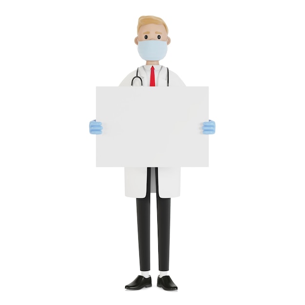 Foto especialista médico sosteniendo un cartel en blanco. ilustración 3d en estilo de dibujos animados.