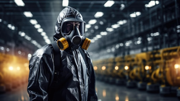 Especialista en productos químicos usa uniforme de seguridad y máscara de gas inspeccionando fugas de productos químicos en la fábrica industrial