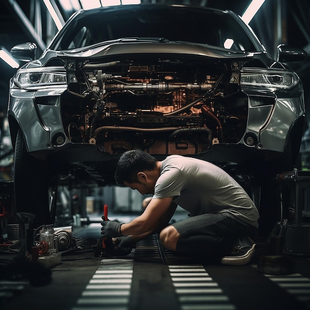 Foto especialista en la restauración de cuerpos mecánico de automóviles