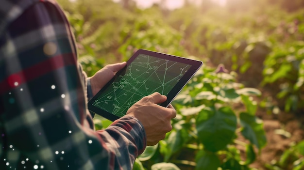 Especialista en tecnología agrícola que utiliza una tableta en el campo