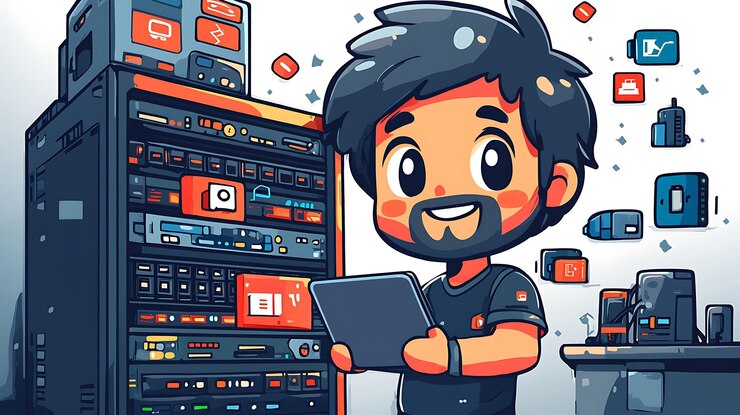 Foto especialista en ti de chibi usando una computadora portátil en el entorno de la oficina