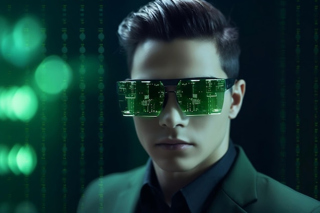 Especialista en TI con gafas inteligentes y ai generativa de matriz verde del ciberespacio