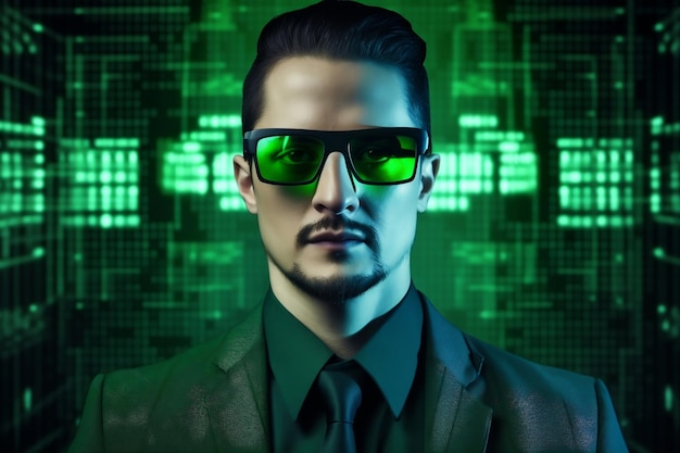 Especialista en TI con gafas inteligentes y ai generativa de matriz verde del ciberespacio